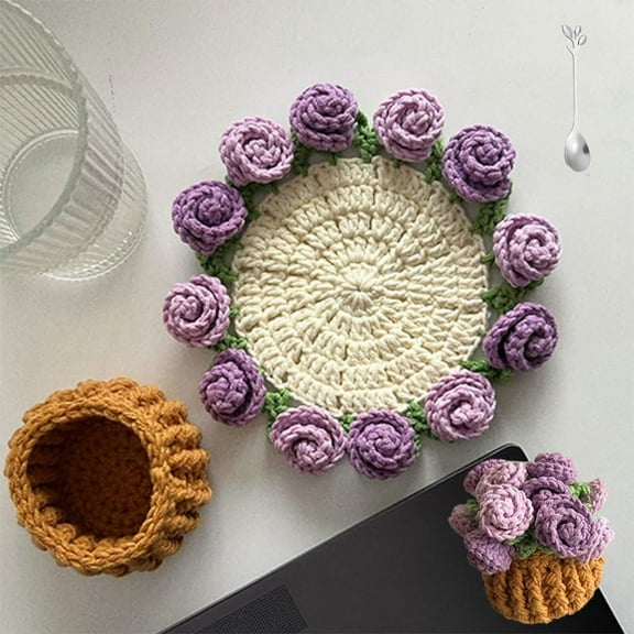 QHUDLV Beginner Crochet Kit, Flower Blanket Coaster Set, DIY Handmade Table Decor
