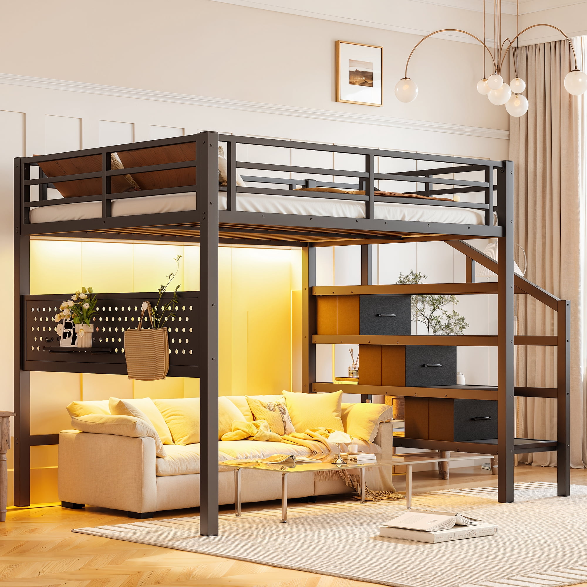Leumius Full Size Loft Bed with Storage Stairs and Movable Desk with USB,Metal Loft Bed Frame with 3 Fabric Drawers and LED, Full-Length Guardrail and Pegboard,Black