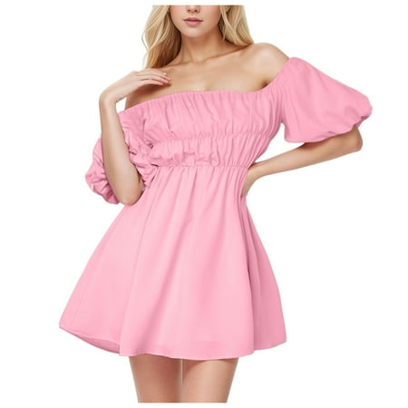 Blphud Elegant Dresses for Women Summer Dresses for Women 2024 Casual Dress Sexy Puffed Sleeves Elastic Waist Fresh Sweet Dress Women s Vintage Patchwork Casual Swing Dress Pink M