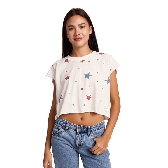 Red & Blue Stars Women's White Raw Hem Cropped Tank-Small