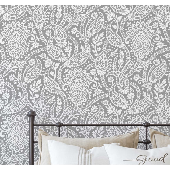 S4Sassy Paisley Floral Print Wallpaper - Asian Style Wall Covering, 25" x 120" Self-Adhesive Vinyl Wallpaper, Decorative Walls Wrap, Easy DIY Wall Covering For Bedroom, Living Spaces - Grey