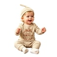 thumbnail image 5 of CUZIBR Boys Halloween Outfits Pumpkin Letter Print Baby Ribbed Three Piece Outfit Crewneck Long Sleeve Bodysuit Pants Knit Hat For Toddler Kids,a-Beige,6-12 Months, 5 of 5