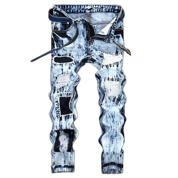 WREESH Men's Ripped Jeans Slim Fitting Destroyed Denim Pants New Fashion Have Pockets Button Zipper Personality Denim Trend Jeans Light Blue