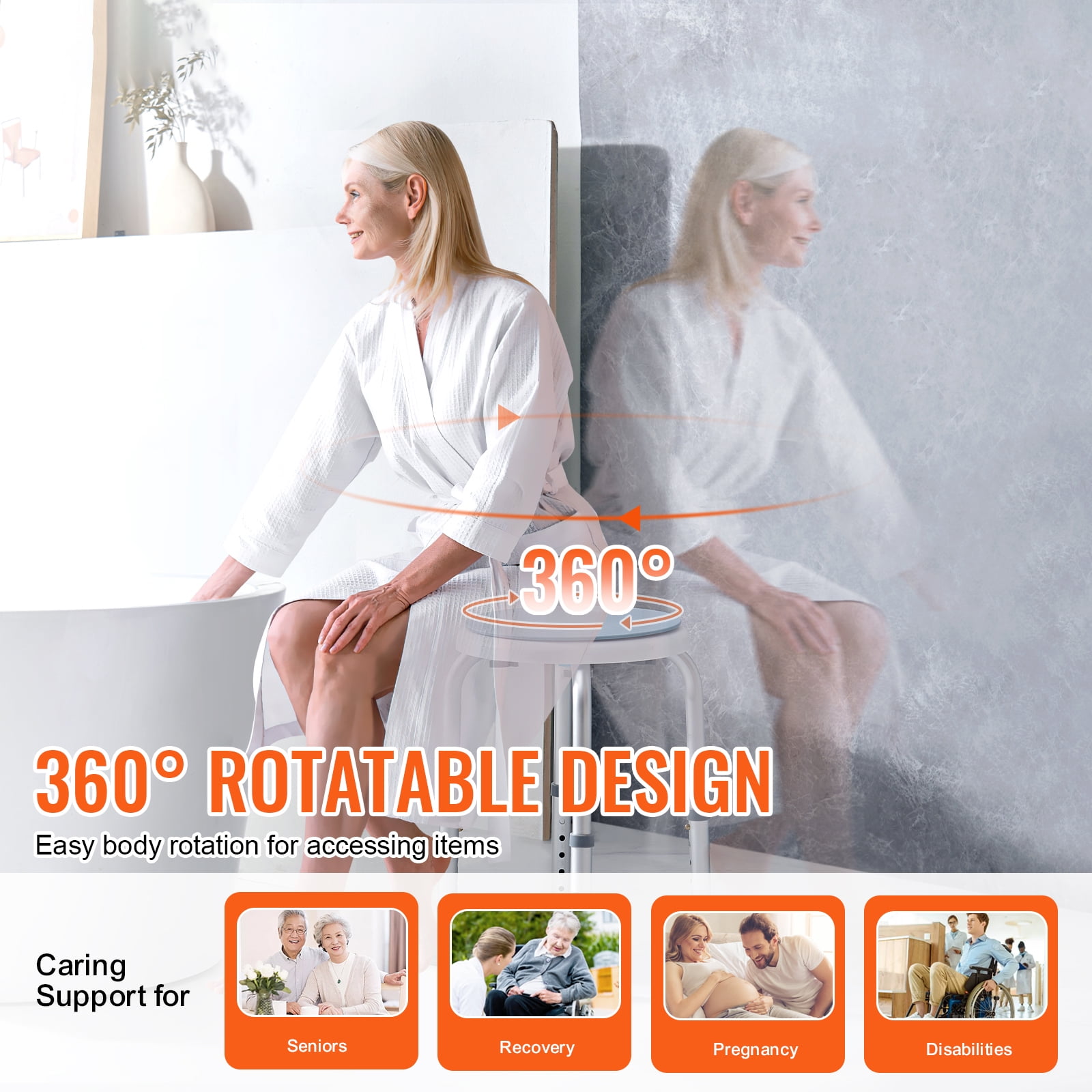 KFFKFF Rotating Bath Chair, Height-Adjustable Shower Stool, Secure Bathtub Chair with Anti-Slip Feet for Seniors, Disabled, Handicap, Supports up to 300 lbs