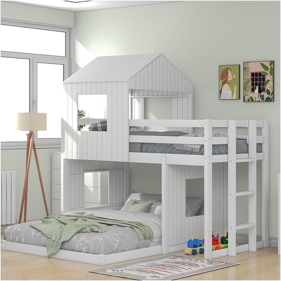JERFIT Twin Over Full Bunk Bed with Playhouse Loft, Farmhouse Style Solid Wood Structure, Guardrails & Ladder, White Finish