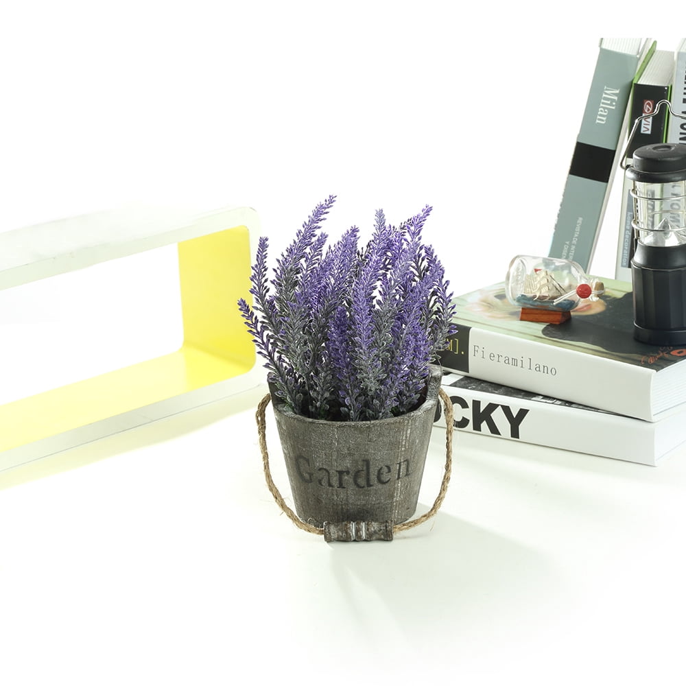 K-Cliffs Vintage Bouquet of Artificial Lavender Flowers  Potted in a Rustic Gray Wooden Metal Planter Pot   6.7Dia x 8.3H inches; 5Dia x 4.3 inches