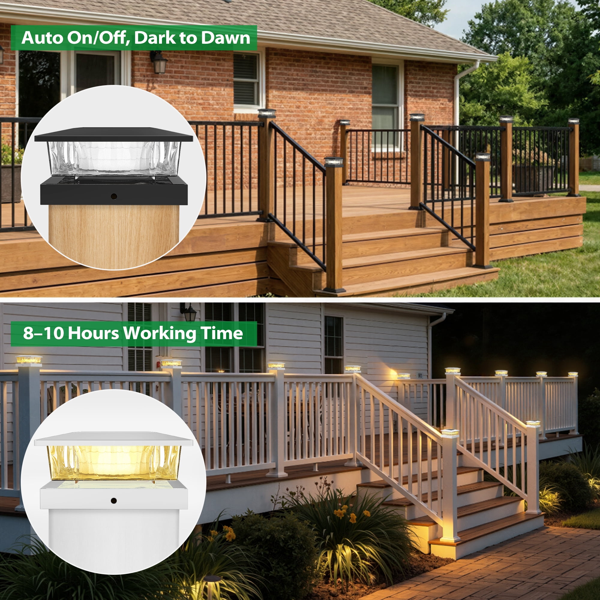 8PK 4”x4“ Solar Post Cap Lights, Fits 4 x 4 Wooden/Vinyl Posts, 32 LED Dual Color Cool White & Warm White, Solar Fence Post Lights 800mAh Outdoor Solar Lights