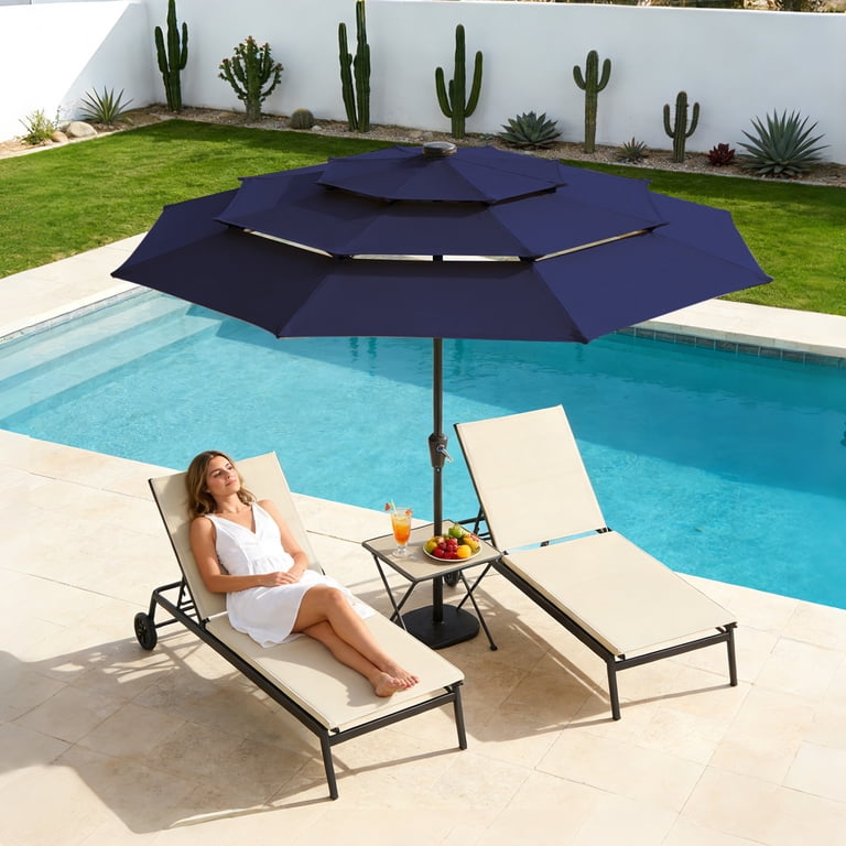 8 patio umbrella with 24 spines 9.3 Feet Solar LED Lights Vented Top and Ruffles-Turquoise button connector for hassle Patio Umbrella, Solar Patio Umbrella