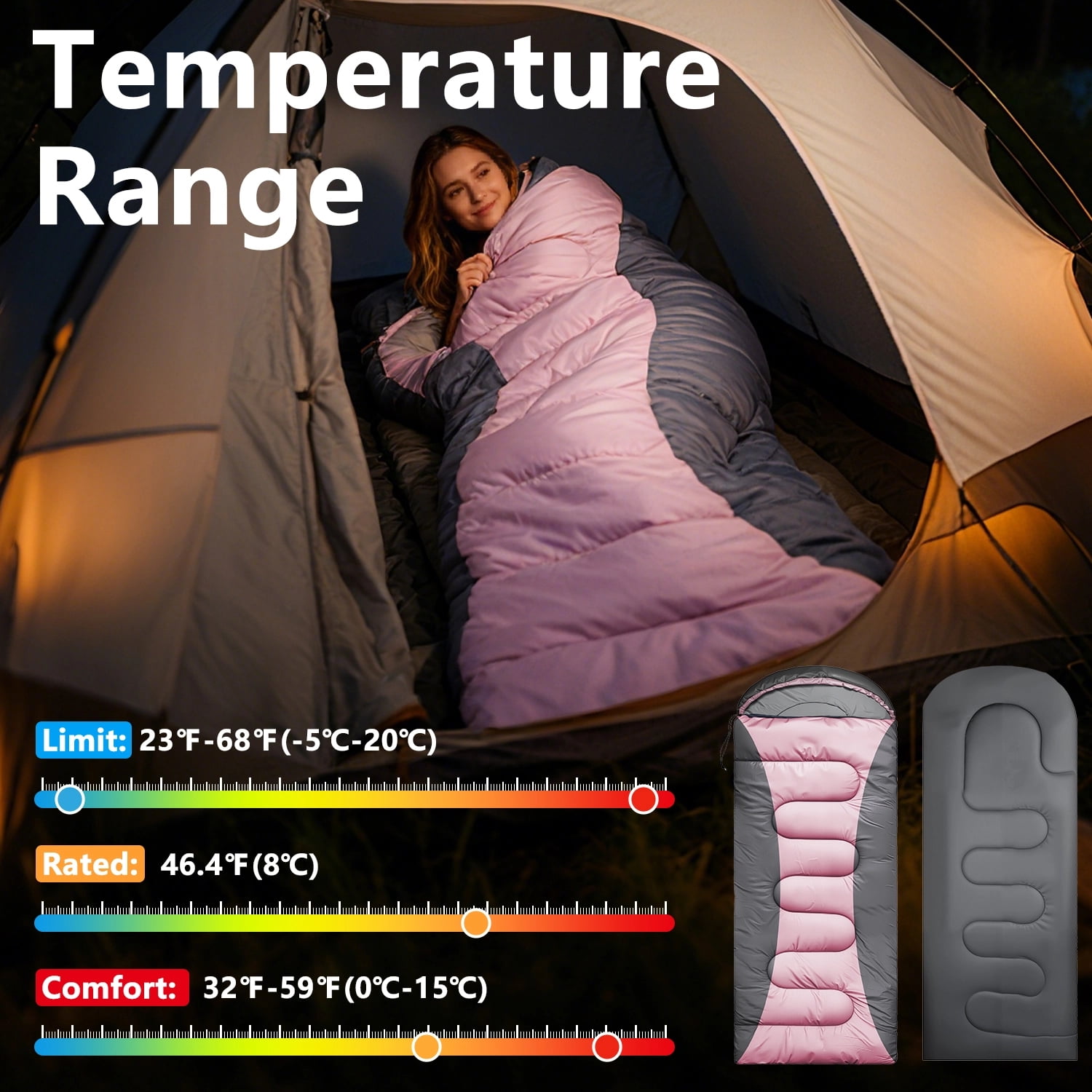 Teblint Camping Sleeping Bag for Adults Kids, 4-Season Cold Weather Sleeping Bag, Waterproof & Compression Sack Included, Camping Essentials Gear Accessories Hiking Sleep Must Haves (Pink)