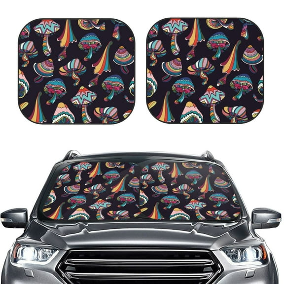Kdxio Colorful Mushrooms In Doodle Style Print 2-Piece Sun Shade Front Windshield - Foldable Car Front Window Sunshades For Most Sedans Suv Truck