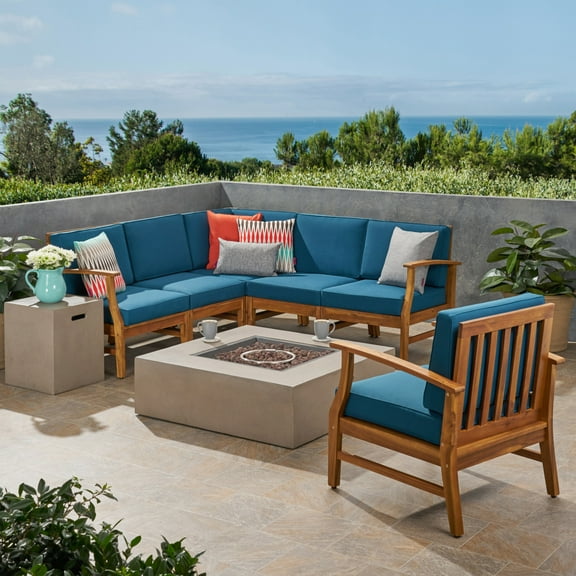 GDF Studio Nyeemah Outdoor 6 Seater Acacia Wood Chat Set, Teak and Blue