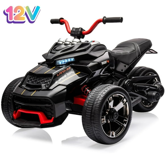 12V 3 Wheeler Ride On ATV Electric Motorcycle, Battery Powered Electric Vehicle w/Led Lights, High & Low Speed, Horn, Music, USB, Treaded Tires, Ride On Car for Kids Gift