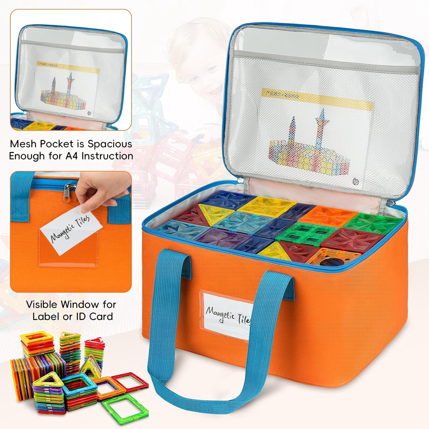 4 Packs Magnetic Tiles Storage Bags,Magnetic Tiles Storage Bin,Toy Organizer Case with Mesh Pocket and Tag Pocket for Magnet Building Tiles,Board Game,Puzzle and  Bricks