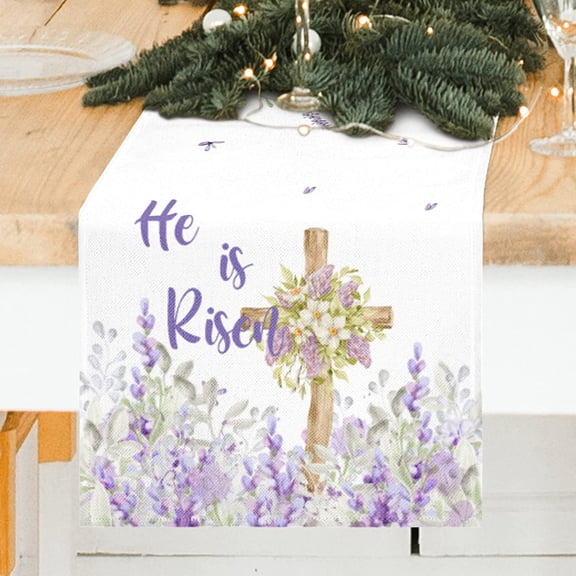 Easter Table Runner - Easter Table Decorations, He is Risen Purple Lavender Cross Spring Table Runner for Home Kitchen Dining Room Decor (13x72 inch)