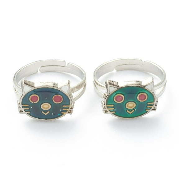 5pcs Adjustable Iron Finger Rings with Epoxy Changing color Mood Rings Cat Shape Colorful Size 6 Inner Diameter: 17mm
