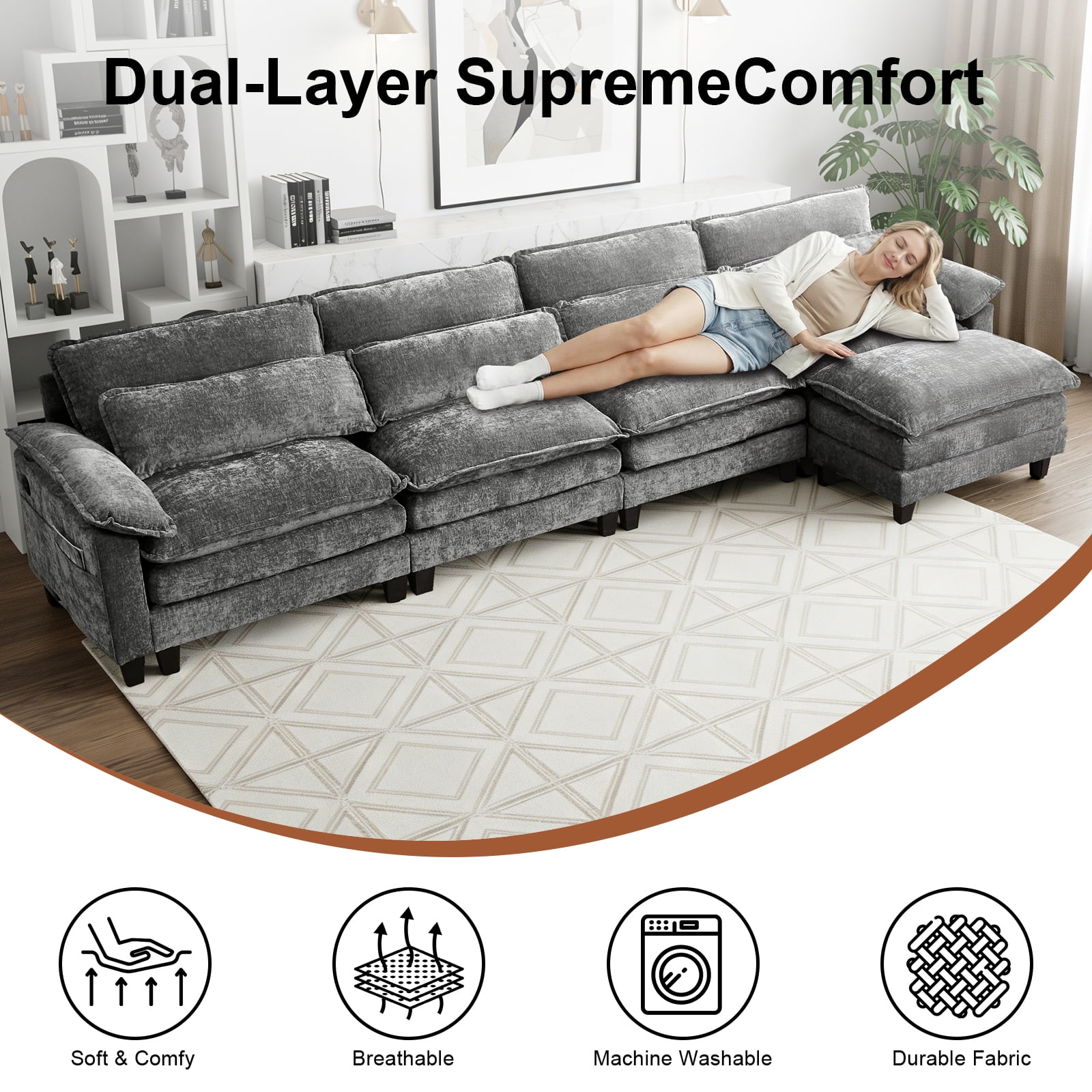 Howcool 148" Modular Sectional Sofa , 4 Seater L-Shaped Cloud Couch with Movable Ottoman, USB Charging Ports & Side Pockets, Sectional couchs for Living Room,Chenille Fabric,Grey