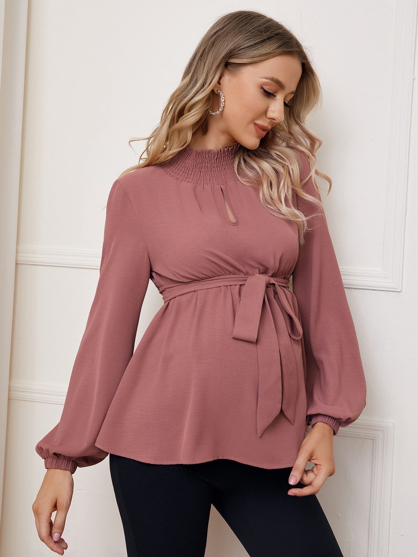 Maternity Shirred Neck Belted 