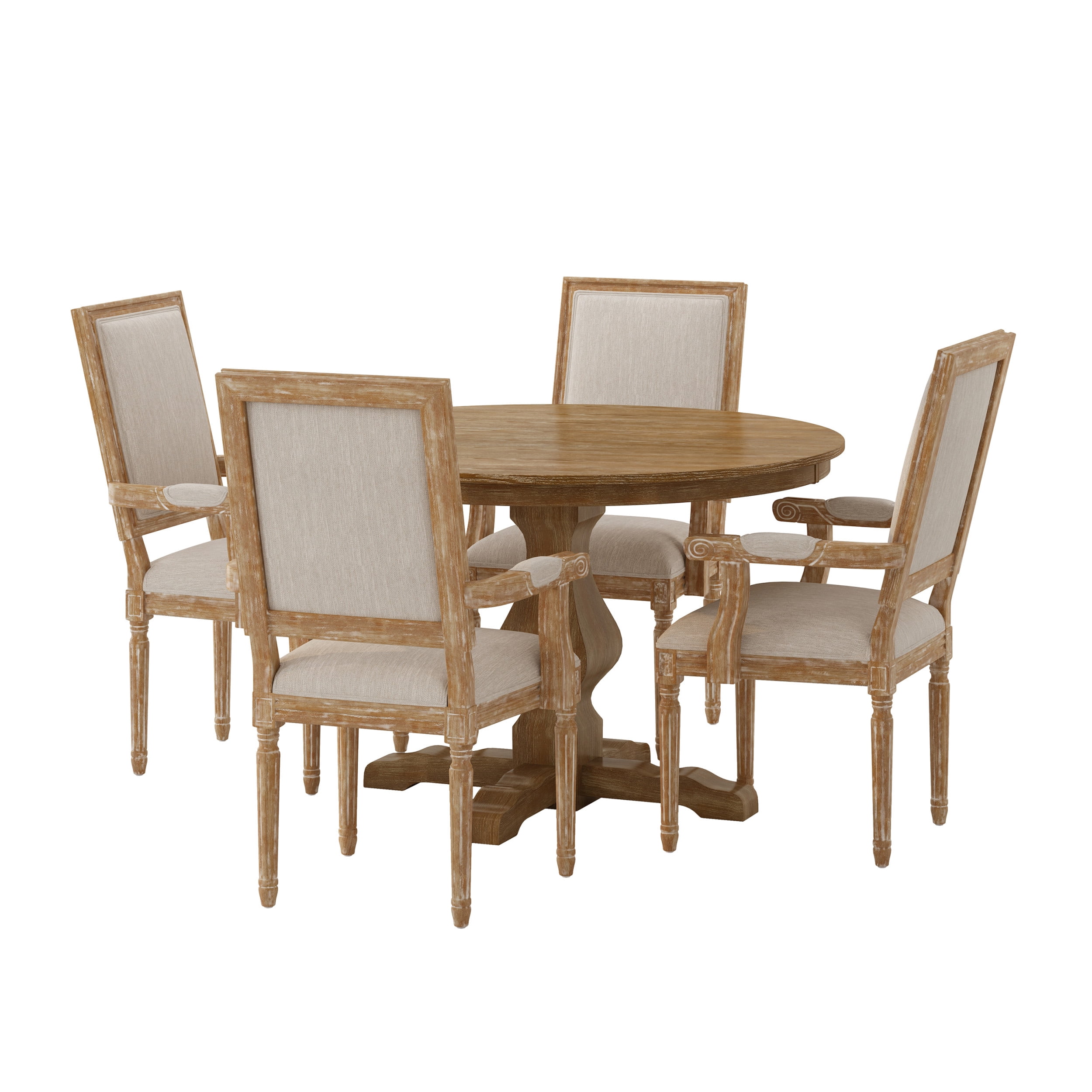 Noble House Bryan Fabric Upholstered Wood 5 Piece Circular Dining Set, Natural and Beige