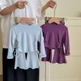 thumbnail image 4 of Pandaie Girls Drawstring Crop Blous Top Flare Pants 2 Piece Set Solid Color Stretch Long Sleeve Casual Fashion Tracksuit Blue,7-8 Years, 4 of 6