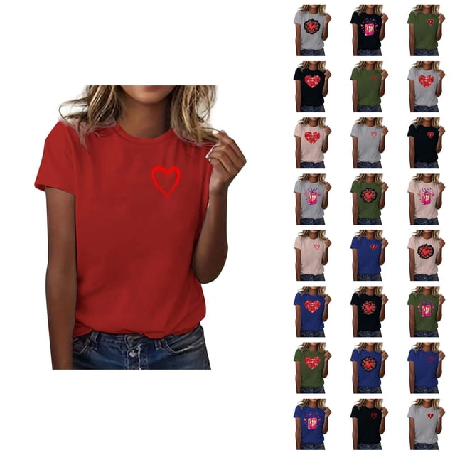 T-shirt Femme Saint-Valentin 2026 Mode Manches Courtes Col Rond Cœur Graphique
