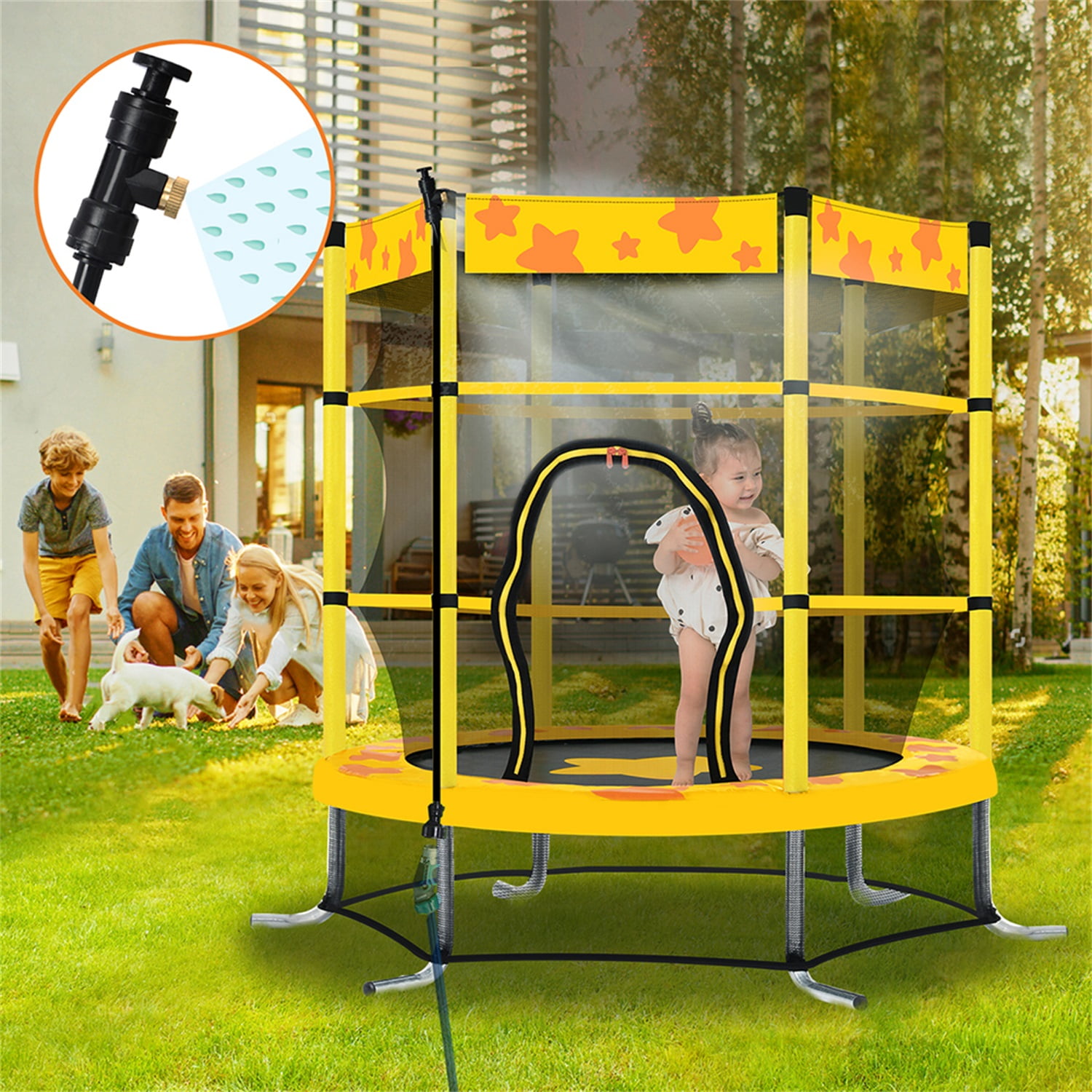 Private Jungle 55 InchTrampoline for Kids, Mini Trampoline with Enclosure Net and with Water Sprinkler for Toddler Exercise Birthday Gifts - Yellow