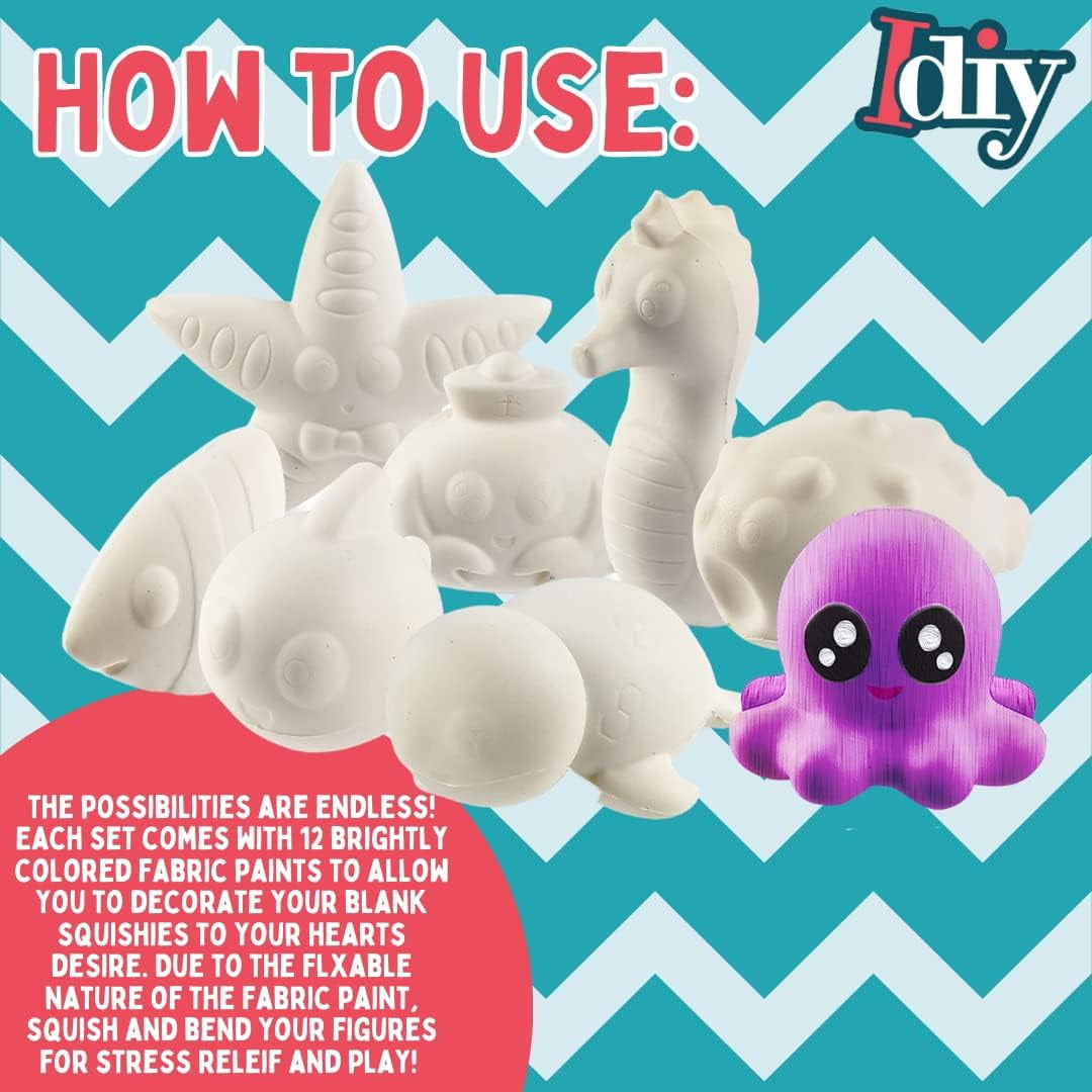 DIY Jumbo Ocean Pals Squishies (8 Unique Sea Animals w 12 Fabric Paints) -White Kawaii Scented Slow Rise Squishy Toys, Decorate, Scented Stress Relief Craft, Kids Birthday Party Activity Gift (4"-6")