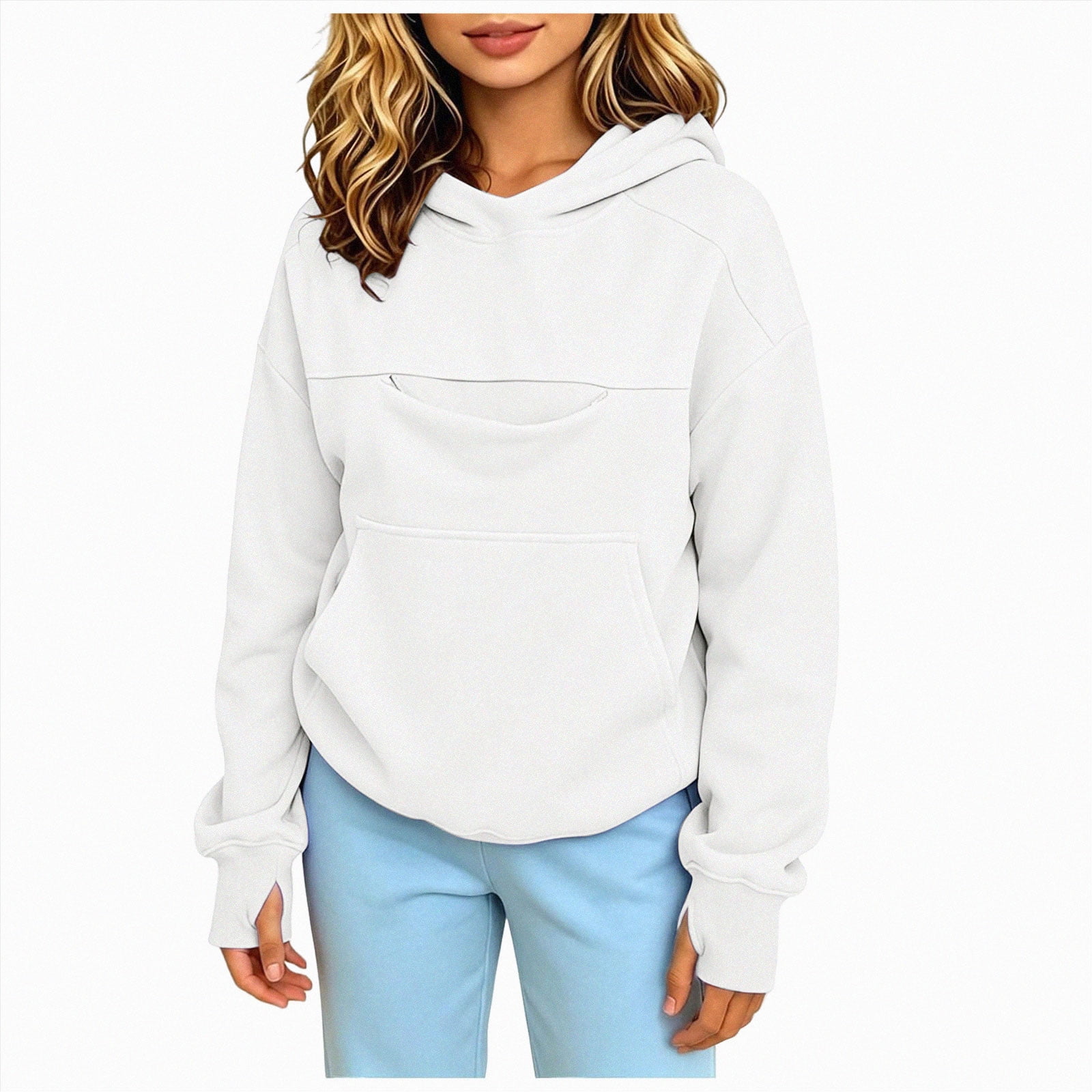 Nwiuh Cat Hoodie with Pouch Pet Carrier Kids Sweatshirt Fleece Lined Pullover | Boys Girls Hoodies Oversized Fit Pet Rest Holder Zip Front Pet Pouch Sweatshirt(White 7-8 Years)