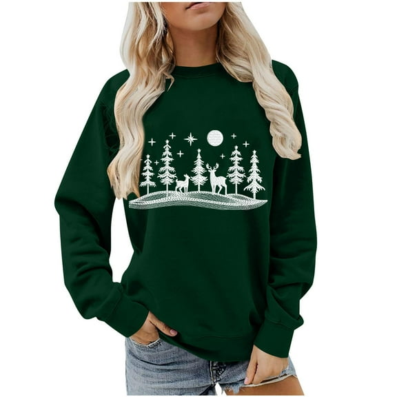Christmas Sweatshirts for Women ，Womens Fall Winter Thermal Sweatshirts Round Neck Tops Long Sleeve Sweatshirt Pullover Sweater Blouses Merry Christmas Print Clothes