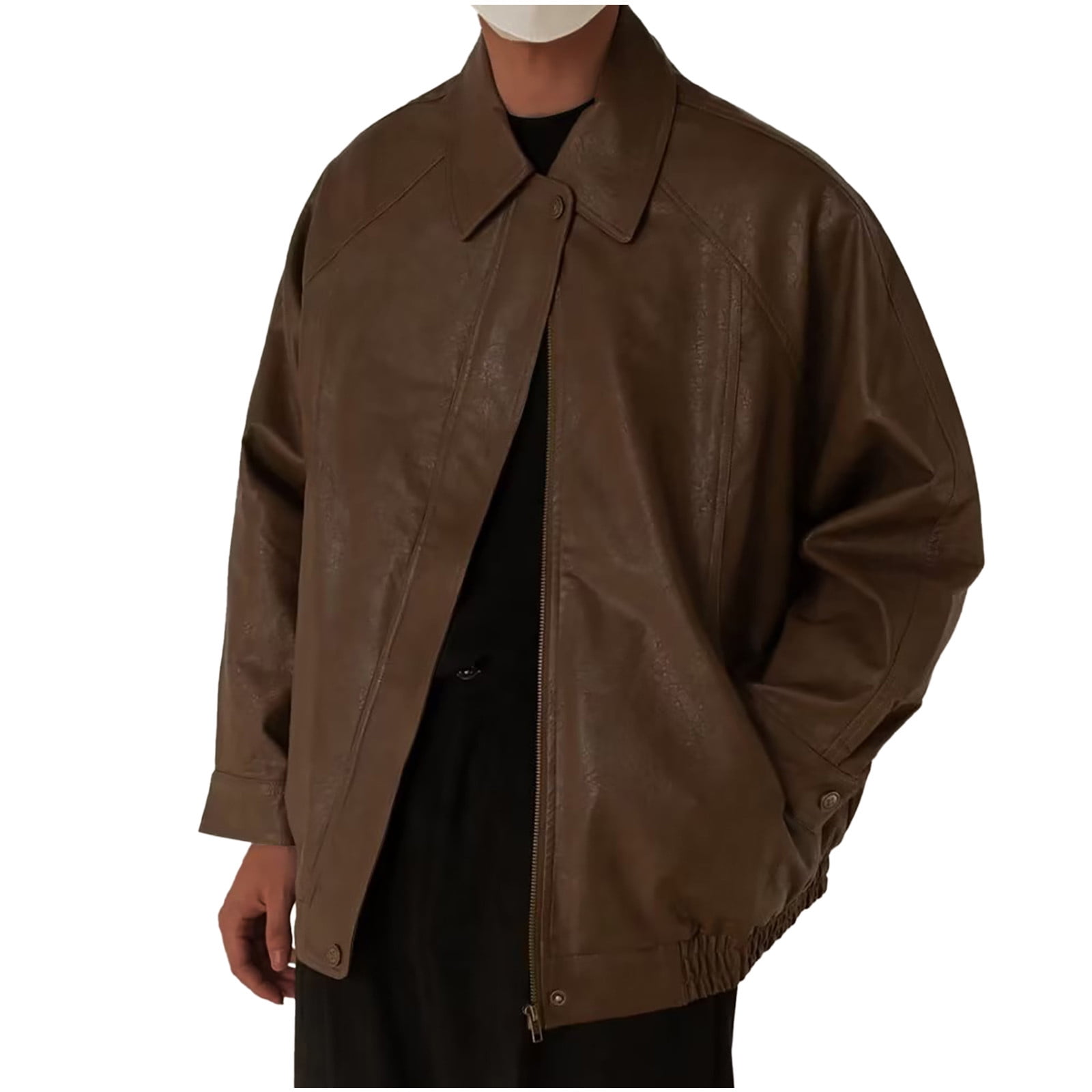 Awdenio Leather Jacket for Men Zipper Classic Vintage Button Loose Fit Lapel Collar Heavyweight Windproof Motorcycle Jacket Coat