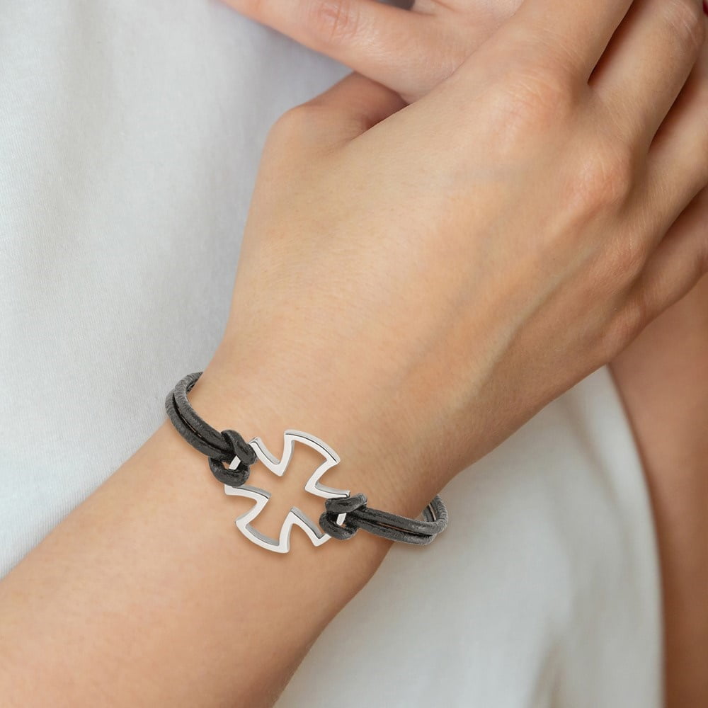 Diamond2Deal Stainless Steel Antiqued and Polished Cross Black Leather Bracelet for Men 8.25"