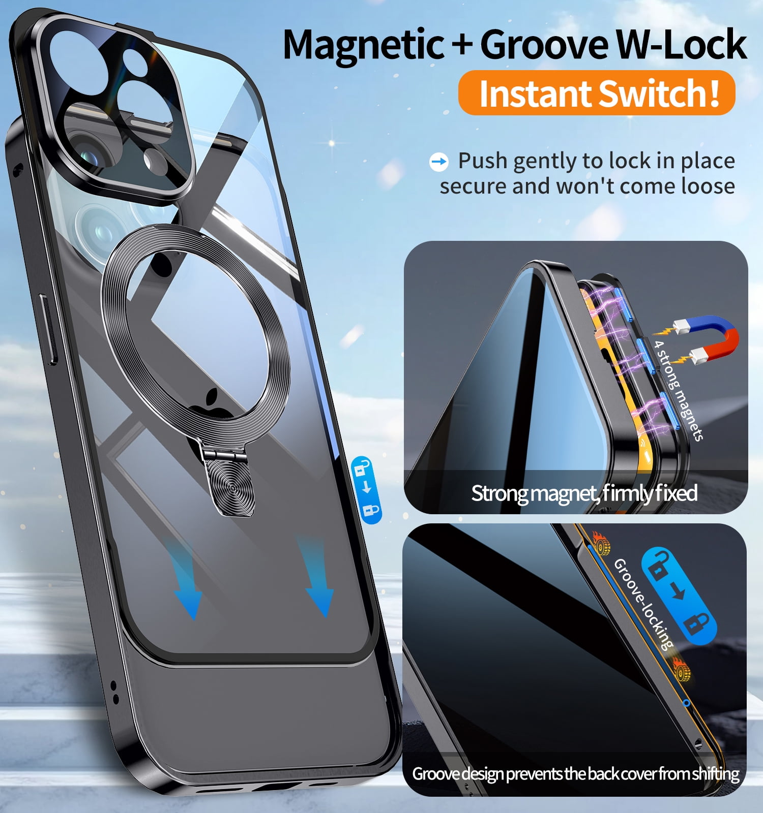 JETeacka iPhone 15 Pro Max Auto Lock Case Privacy Screen Protector Magnetic Stand MagSafe Compatible Heavy Duty Full-Body Shockproof Cover-Black