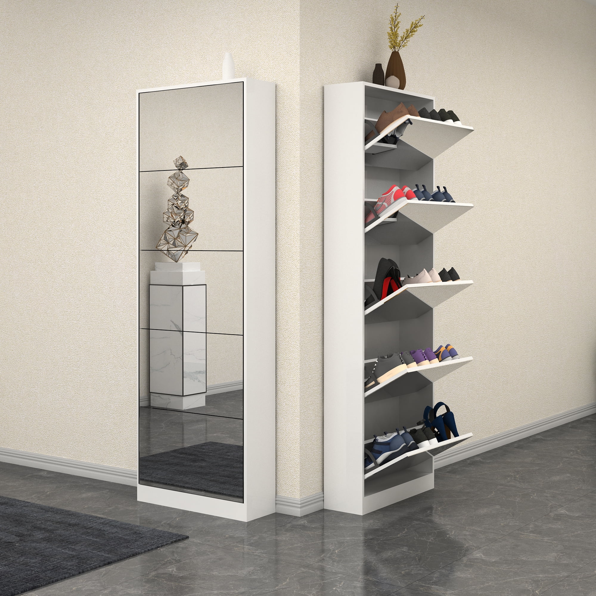 Facilehome Floor Standing Full Length Mirror Shoe Cabinet,5 Tier Closet