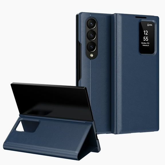 Dteck Case for Samsung Galaxy Z Fold 4,Smart Viewing Window Case Luxury Business Leather PC Card Slot Stand Cover for Galaxy Z Fold 4,Blue