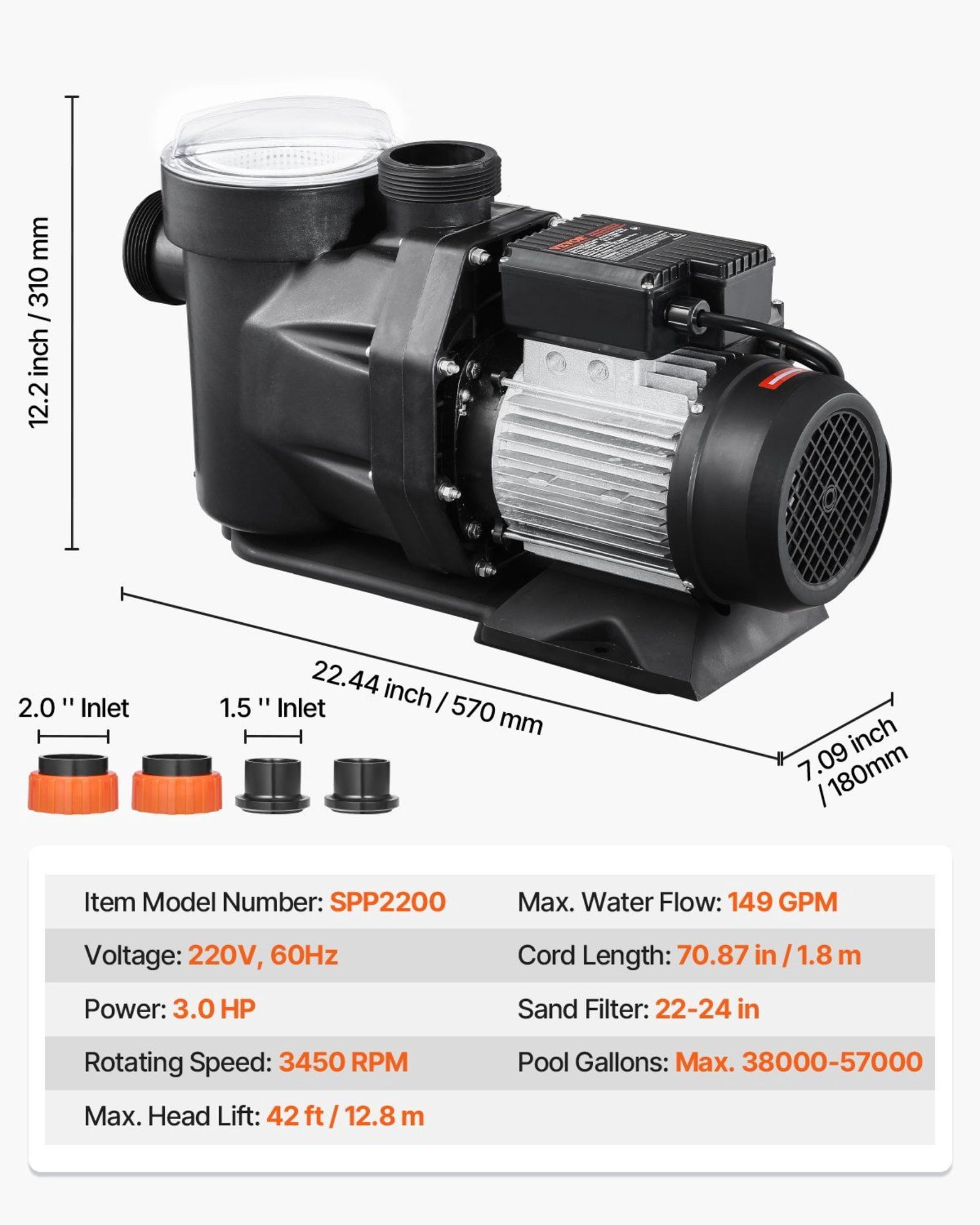 3 HP Single Speed Above Ground Pool Pump 149 GPM 3450 RPM 220V - High Performance Swimming Pool Pump