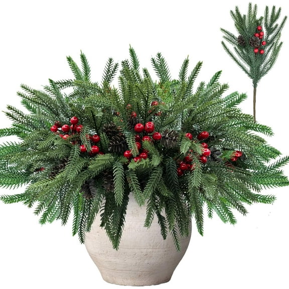 10 Pcs Norfolk Pine Stems With Pine Cones Red Berries Branches,18 Inch Christmas Real Touch Artificial Diy Pine Needles,Faux Cedar Pines Greenery Branches Picks For Vase For Wreaths Garlands Décor