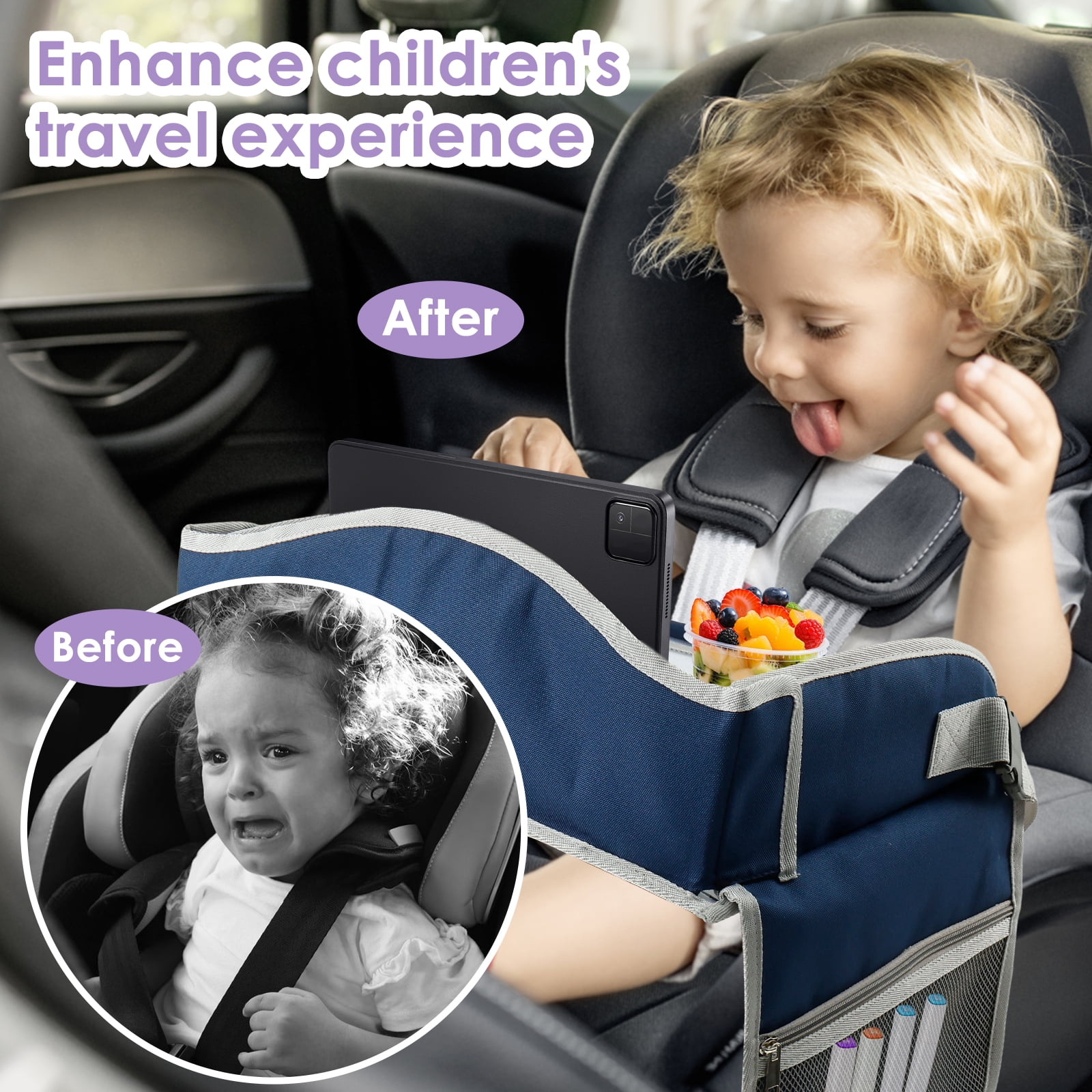 Carseat Table Tray for Kids Polyester Made Portable Drawing Board with Padded Shoulder Strap for Road Trip Activities