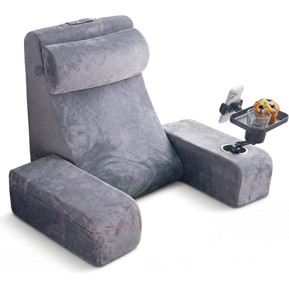 Reading Pillow for Adults – 24in XL, Cup Holder, Phone Caddy & Tray Moun | XL memory foam backrest | Detachable arms | Sit up in bed for reading, TV & recovery | Back support all session