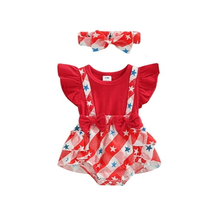 

Canrulo 4th of July Baby Girl Outfit Jumpsuit Star Print Ruffle Short Sleeve Romper Dress with Headband Summer Outfits Red 12-18 Months