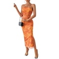 thumbnail image 3 of Women'S Summer Dress Printed Strapless Tube Bodycon Maxi Side Slit Mesh Layered Orange L, 3 of 9