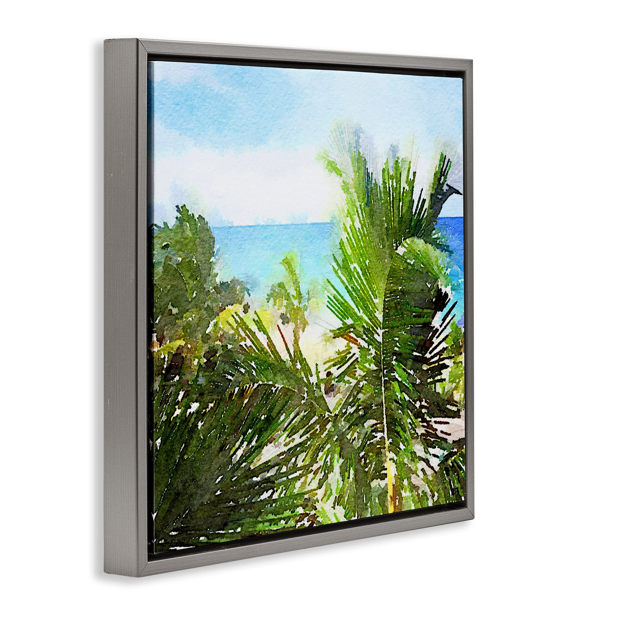 Stupell Industries Palm Leaves over Beach Landscape & Nature Painting Gray Floater Framed Canvas Art Print Wall Art, 18 x 18