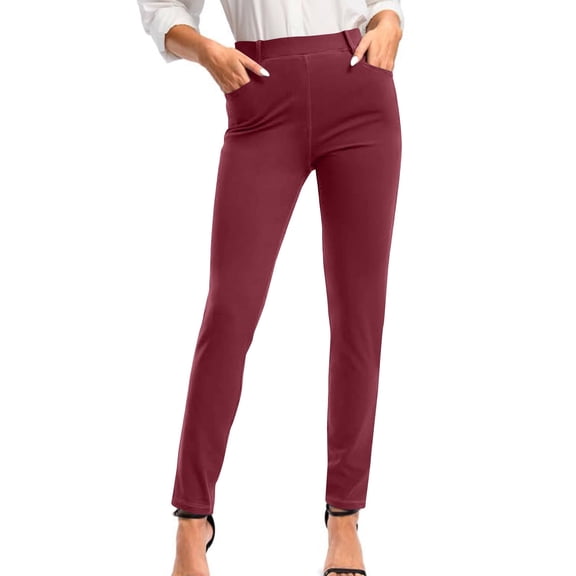 Wyobmus Dress Pants for Women Stretchy Slim Fit Leg Skinny High Waist Pull On Pants With Pockets for Business Work Burgundy