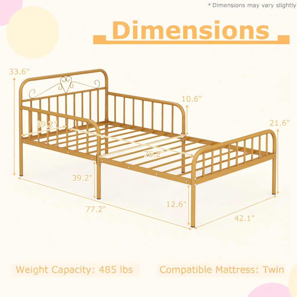 Yardi Yarda Twin Size Bed Frame with Headboard and Safety Side Guardrails, Simple Bed Frame for Indoor, Gold