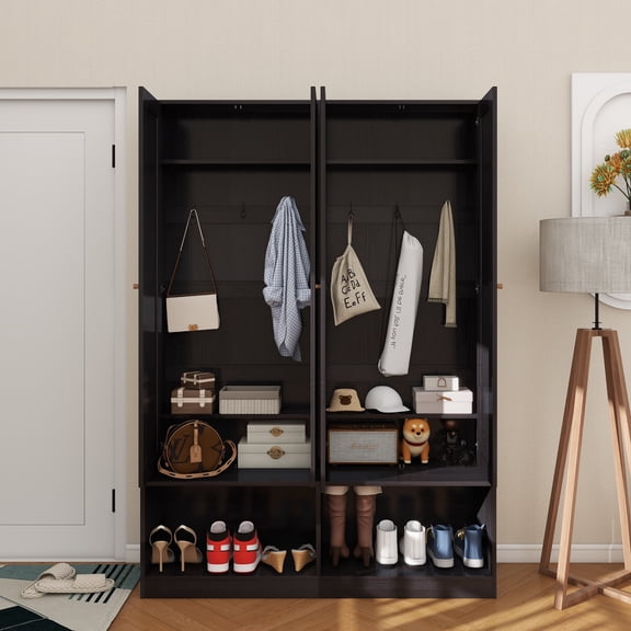 Farmhouse Widen Hall Tree with 4 Rattan Doors, Versatile 4-In-1 Seating Bench with 6 Hooks, Mid-Century Entryway Shoe Cabinet with Adjustable Shelf for Living Room, Black, 55.1"W