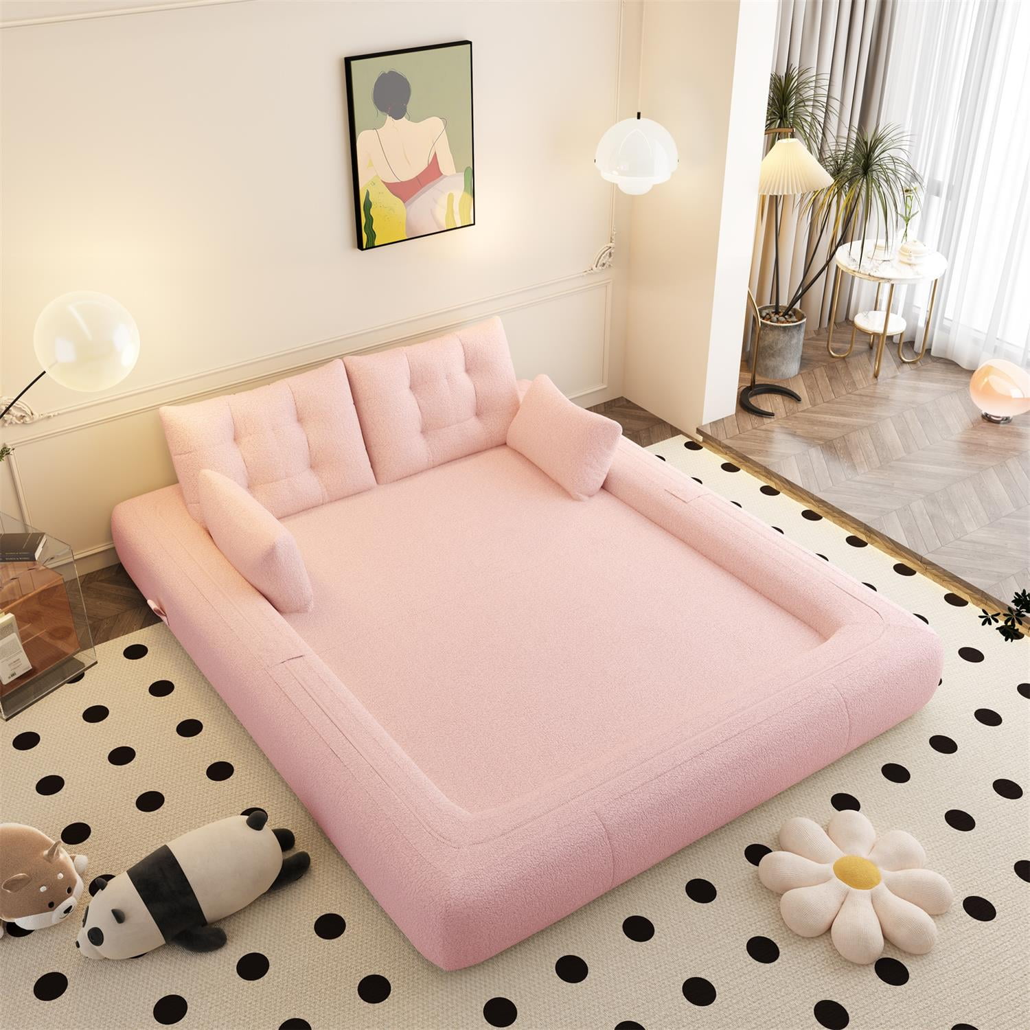 Demi Bonn 78" Cozy Sofa Couch, Foldable 3-in-1 Sleeper Bed, Multi-Functional Lazy Sofa for Living Room, Playroom, Comfortable Foam-Filled, Pink