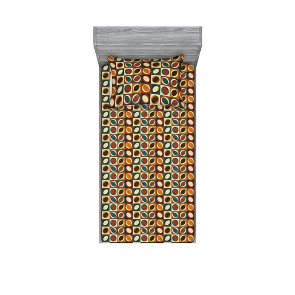 Vintage Fitted Sheet & Pillow Sham Set, Oval Shapes Eye Like Circular Squares with Colorful Design Repeated Art, Decorative Printed 2 Piece Bedding Decor, Twin, Brown Apricot and Teal, by Ambesonne