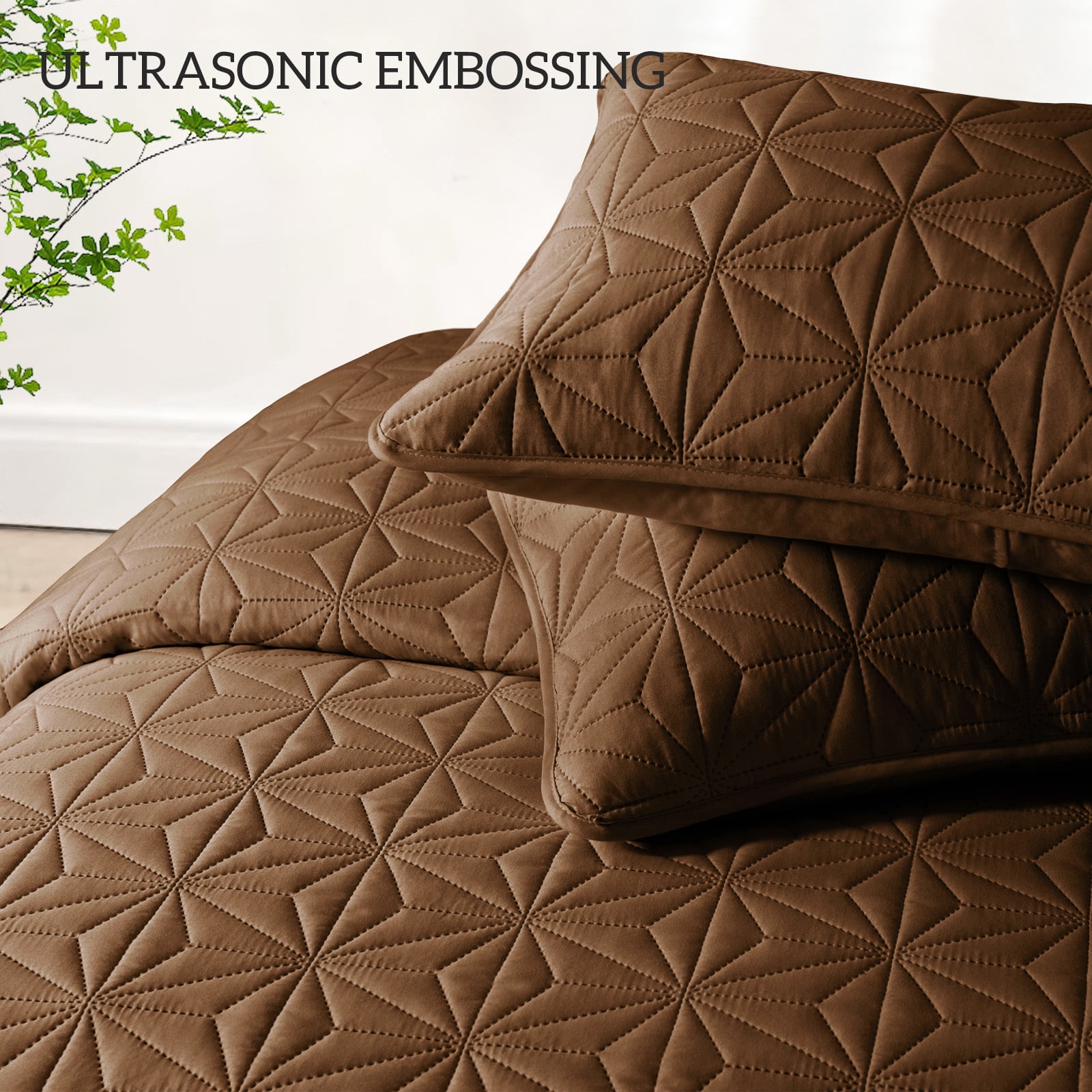 Whale Flotilla Microfiber King Size 96"x 104" Quilt Set Lightweight Quilted Bedspreads Coverlets Set with Stars Pattern, Brown