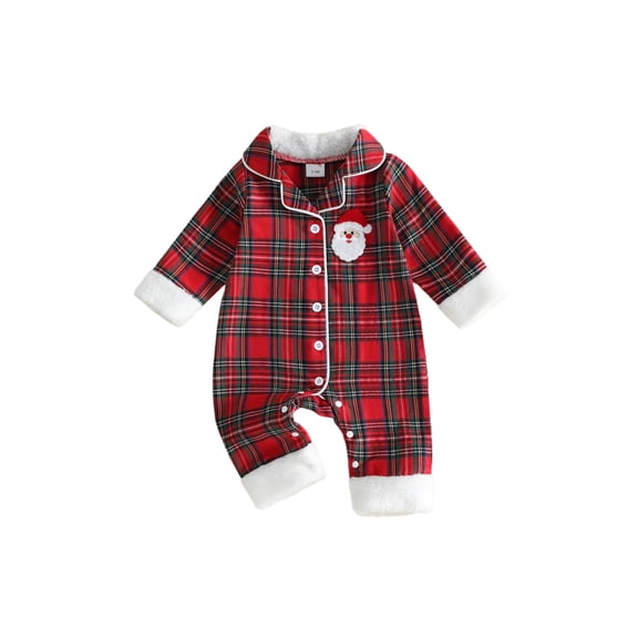 RUINIXCW Newborn Baby Girl Boy Christmas Pajamas Romper One Piece Santa Embroidery Long Sleeve Lapel Button Down Plaid Jumpsuit Xmas Sleepwear