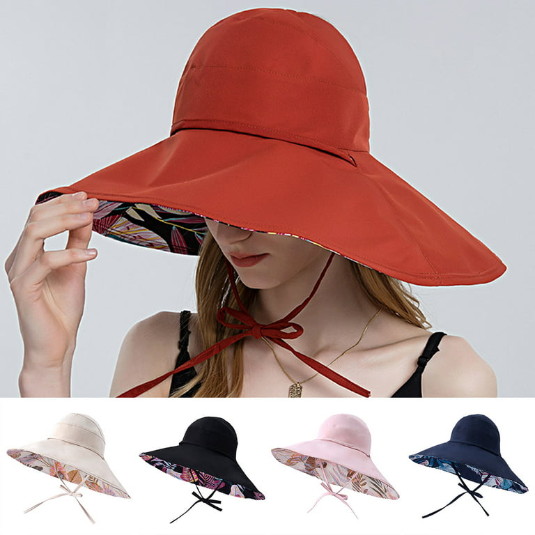 Anvazise Sun Hat Large Brim Ponytail Hole Breathable Drawstring Adjustable Sun Protection Soft Leaf Print Half Visor Summer Hat for Women Navy Blue