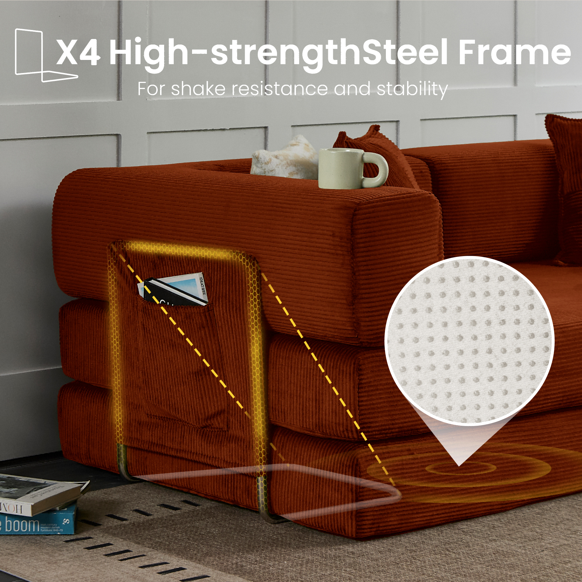 Belhome 78.8" Convertible Sofa Bed, Orange Corduroy photo 8