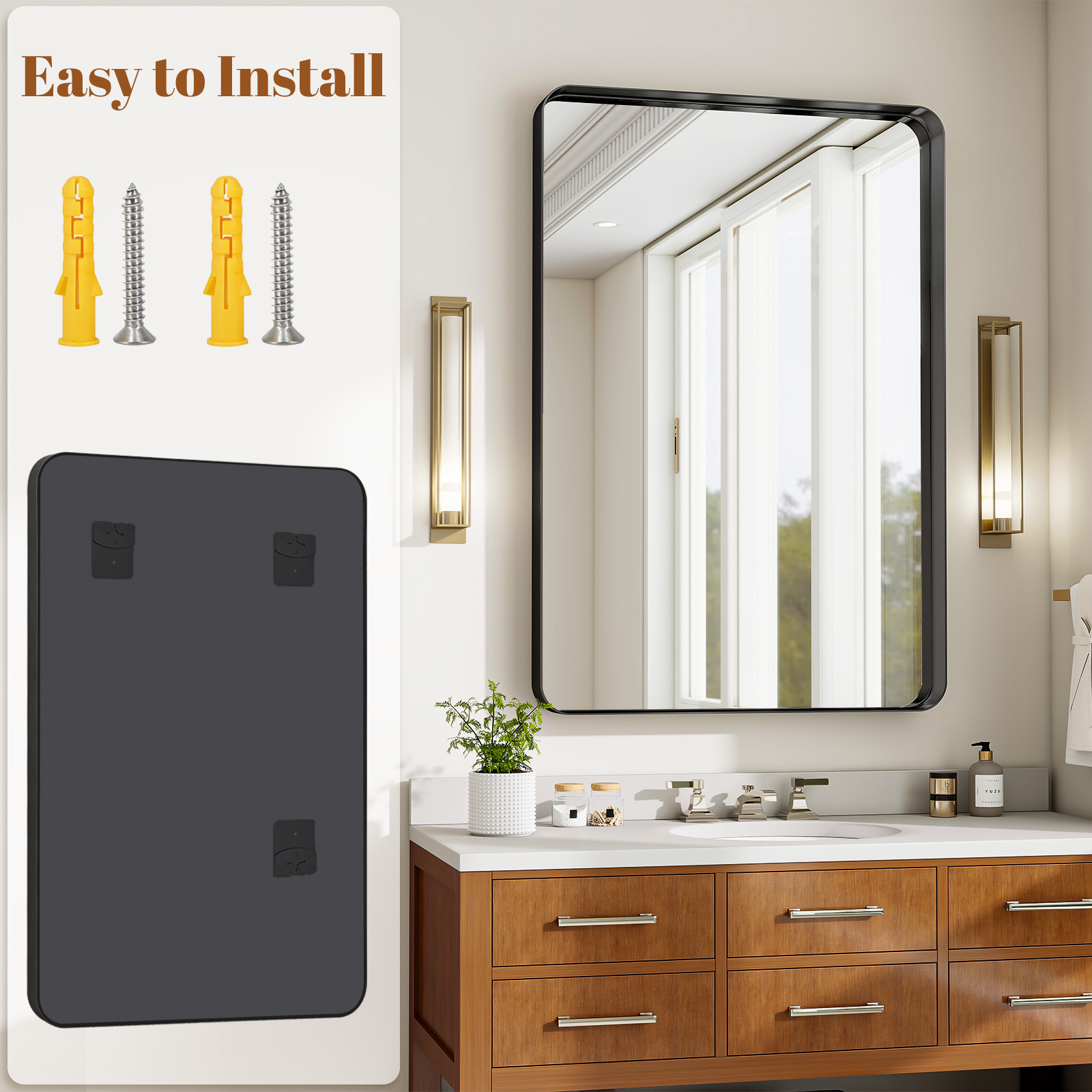 Gleamira 30"x 48" Rounded Rectangle Deep Framed Bathroom Mirror, Black